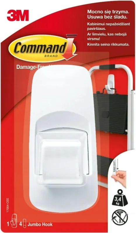 Oferta limitowana 3M Command Hak 1szt Jumbo Biały 3,4kg 17004.. Lumarko