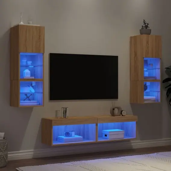 Łatwy zwrot 6-częściowy zestaw mebli TV z LED, dąb sonoma Lumarko! - Hurtownia wielobranżowa Lumarko