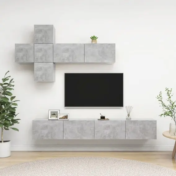 7-cz. zestaw szafek TV, szarość betonu, materiał drewnopochodny - Hurtownia wielobranżowa Lumarko Nowość