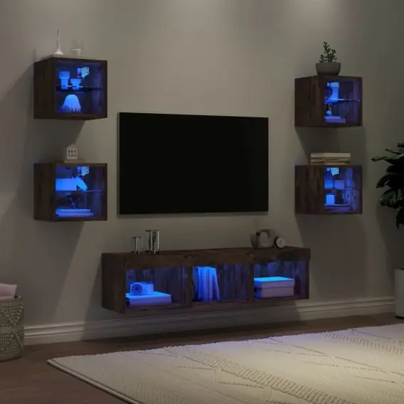 7-częściowy zestaw mebli TV z LED, przydymiony dąb - Hurtownia wielobranżowa Lumarko Ekspresowa dostawa