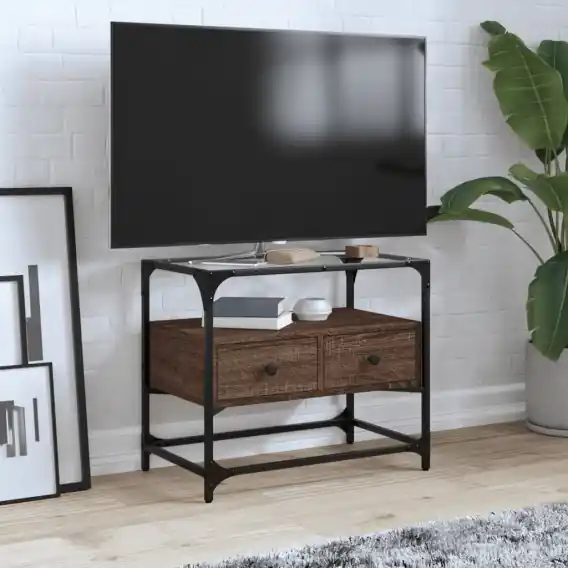 Szafka pod TV ze szklanym blatem, brązowy dąb, 60x35x51 cm - Hurtownia wielobranżowa Lumarko Tylko do końca tygodnia