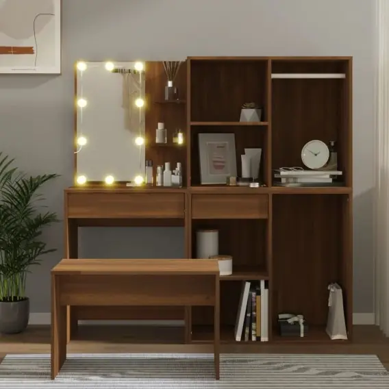 Zestaw z toaletką i oświetleniem LED, brązowy dąb Lumarko! Lumarko! - Hurtownia wielobranżowa Lumarko Oferta