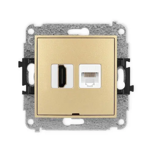 Nowy Mechanizm gniazda pojedynczego HDMI 2.0, 4K + gniazda komp. poj. 1xRJ45, kat. 5e, 8-stykowy, bez pola opisowego Karlik ICON złoty 29IGHKBO-45e