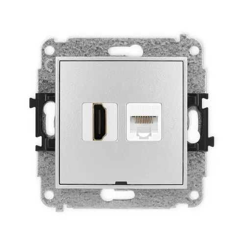 Mechanizm gniazda pojedynczego HDMI 2.0, 4K + gniazda komp. poj. 1xRJ45, kat. 5e, 8-stykowy, bez pola opisowego Karlik MINI srebrny metalik 7MGHKBO-45e Hit sprzedaży