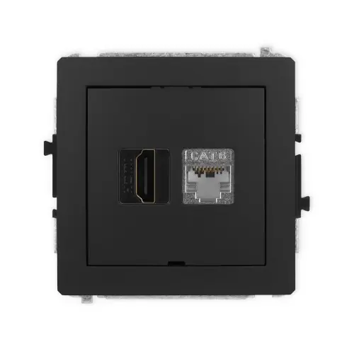 Hit cenowy Mechanizm gniazda pojedynczego HDMI 2.0, 4K + gniazda komp. poj. 1xRJ45, kat. 6, ekranowany, 8-stykowy, bez pola opisowego Karlik DECO czarny mat 12DGHKBO-46