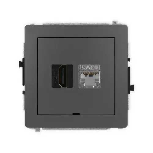 Wyprzedaż Mechanizm gniazda pojedynczego HDMI 2.0, 4K + gniazda komp. poj. 1xRJ45, kat. 6, ekranowany, 8-stykowy, bez pola opisowego Karlik DECO grafitowy mat 28DGHKBO-46