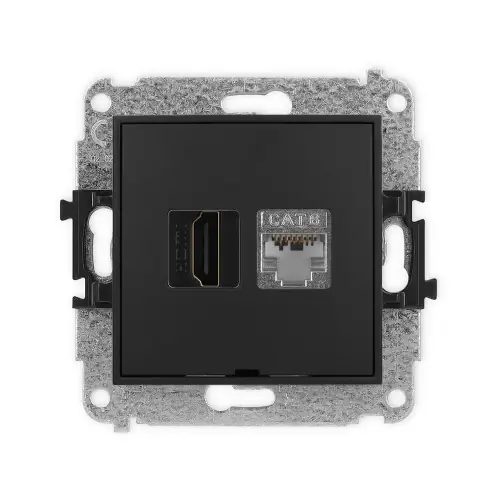 Mechanizm gniazda pojedynczego HDMI 2.0, 4K + gniazda komp. poj. 1xRJ45, kat. 6, ekranowany, 8-stykowy, bez pola opisowego Karlik ICON czarny mat 12IGHKBO-46 Dostępne od ręki