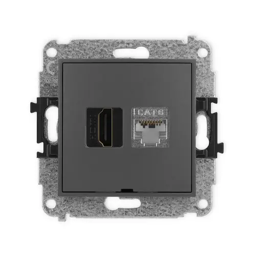 Wybór klientów Mechanizm gniazda pojedynczego HDMI 2.0, 4K + gniazda komp. poj. 1xRJ45, kat. 6, ekranowany, 8-stykowy, bez pola opisowego Karlik ICON grafitowy mat 28IGHKBO-46