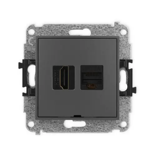 Mechanizm gniazda pojedynczego HDMI 2.1, 8K + gniazda komp. poj. 1xRJ45, kat. 6A, 8-stykowy, bez pola opisowego Karlik ICON grafitowy mat 28IGHKBO-86A Tylko dziś