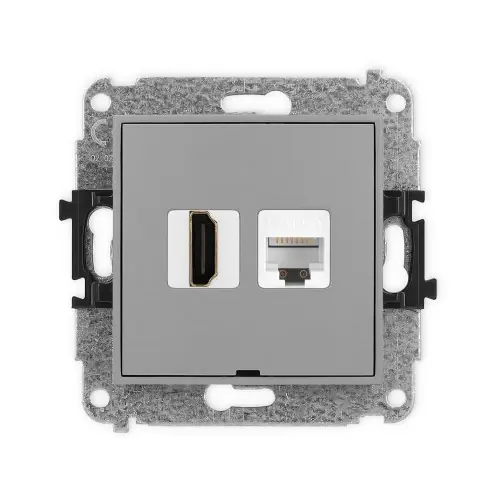 Mechanizm gniazda pojedynczego HDMI 2.1, 8K + gniazda komp. poj. 1xRJ45, kat. 6A, 8-stykowy, bez pola opisowego Karlik ICON szary mat 27IGHKBO-86A Ostatnia szansa