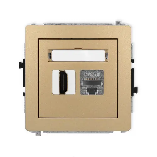 Tani Mechanizm gniazda pojedynczego HDMI 2.1, 8K + gniazda komp. poj. 1xRJ45, kat. 8, ekranowany, 8-stykowy Karlik DECO złoty metalik 8DGHK-88