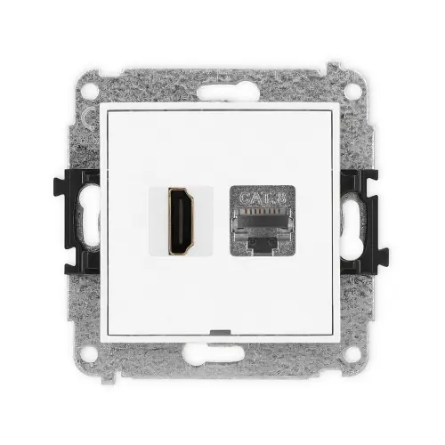 Nowość Mechanizm gniazda pojedynczego HDMI 2.1, 8K + gniazda komp. poj. 1xRJ45, kat. 8, ekranowany, 8-stykowy, bez pola opisowego Karlik ICON biały mat 25IGHKBO-88
