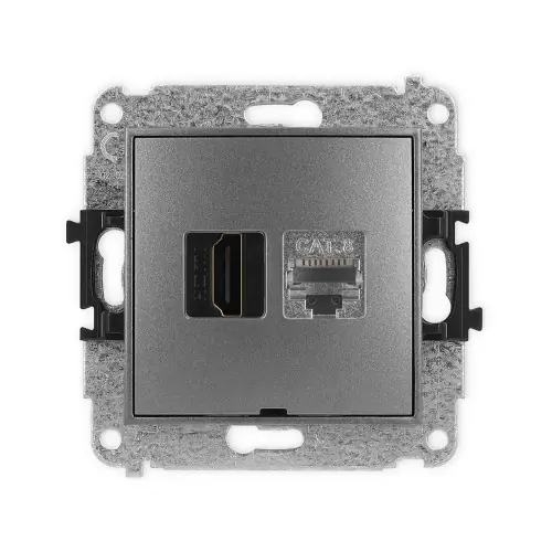 Tylko dziś Mechanizm gniazda pojedynczego HDMI 2.1, 8K + gniazda komp. poj. 1xRJ45, kat. 8, ekranowany, 8-stykowy, bez pola opisowego Karlik ICON grafitowy 11IGHKBO-88