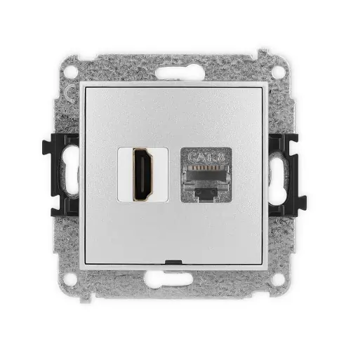 Dodaj do koszyka Mechanizm gniazda pojedynczego HDMI 2.1, 8K + gniazda komp. poj. 1xRJ45, kat. 8, ekranowany, 8-stykowy, bez pola opisowego Karlik ICON srebrny metalik 7IGHKBO-88