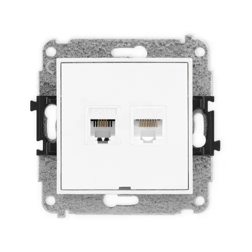 Mechanizm gniazda telefonicznego pojedynczego 1xRJ11 + komputerowego pojedynczego 1xRJ45, kat. 5e, 8-stykowy, beznarzędziowe, bez pola opisowego Karlik ICON biały IGTKBO Dostępne od ręki