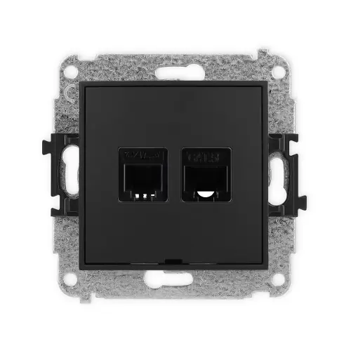 Premium Mechanizm gniazda telefonicznego pojedynczego 1xRJ11 + komputerowego pojedynczego 1xRJ45, kat. 5e, 8-stykowy, beznarzędziowe, bez pola opisowego Karlik ICON czarny mat 12IGTKBO